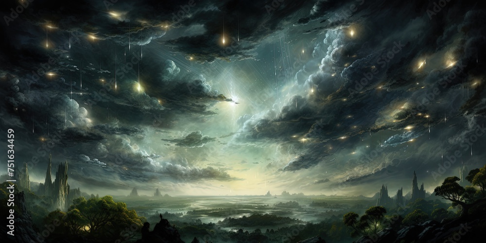Poster extra terrestrial canopy embellished with a multitude of space elements, forming a cascade of reacti