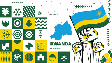Rwanda national day banner design. Rwanda flag theme graphic art web background. Abstract celebration geometric triangles, blue yellow green color. Rwandese raised fists Vector illustration.