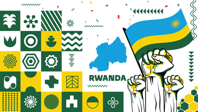 Rwanda national day banner design. Rwanda flag theme graphic art web background. Abstract celebration geometric triangles, blue yellow green color. Rwandese raised fists Vector illustration.