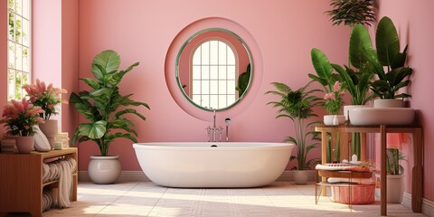 This vibrant bathroom design features a combination of soft pink walls, a round mirror, a large bathtub, lush houseplants, and colorful flowerpots