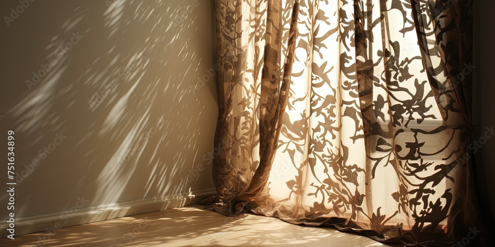 Poster intriguing shadow patterns cast on stylish curtains by sunlight filtering through a window