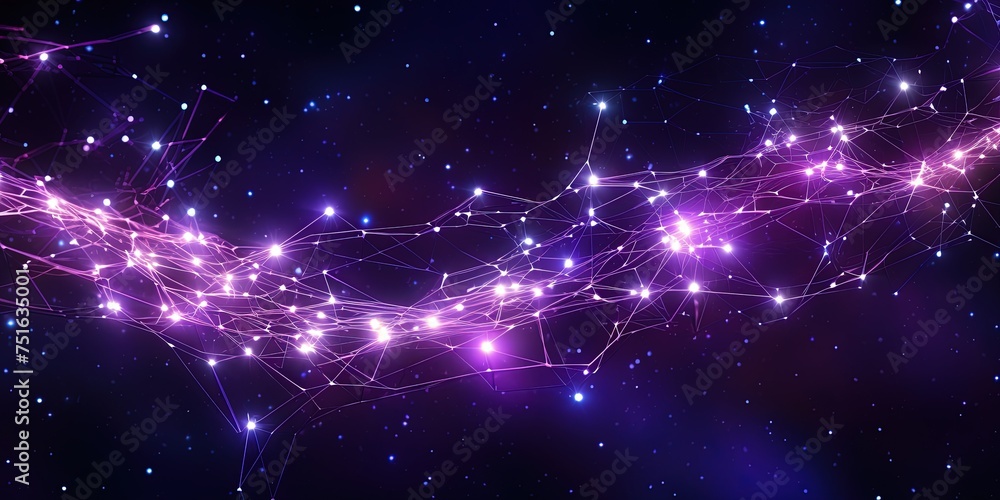 Poster purple hues enhance the glowing nodes of this intricate digital network with bright links
