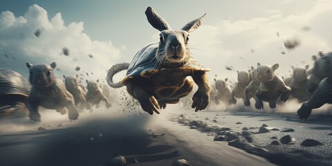 Turtle running in a race leading a large group of rabbits, in strategy and determination concept - obrazy, fototapety, plakaty