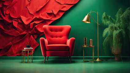 Armchair near Green and Red Abstract Wall, Ddecoration inside Modern Living Room Interior, Lamp, generative ai