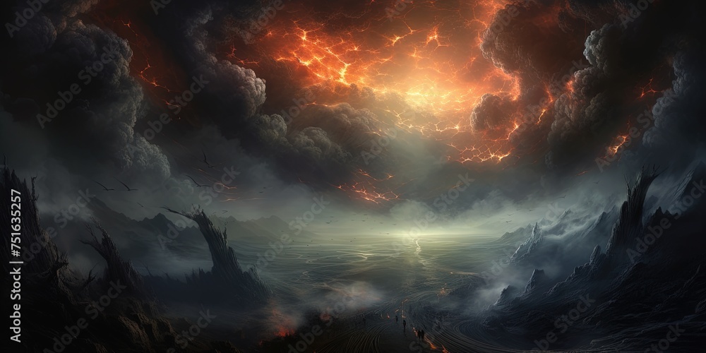 Poster rough path to destiny. an exit of a massive turbulence or vortex. a space storm or colossal stormfro