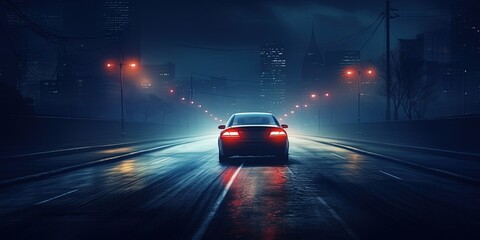 Escape car. Midnight road or alley with a car driving away in the distance. Wet hazy asphalt road...