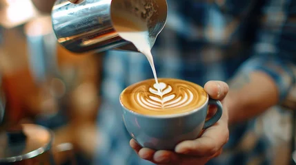 Foto op Plexiglas Barista making pouring stream milk with coffee latte art pattern heart shape © Vasiliy