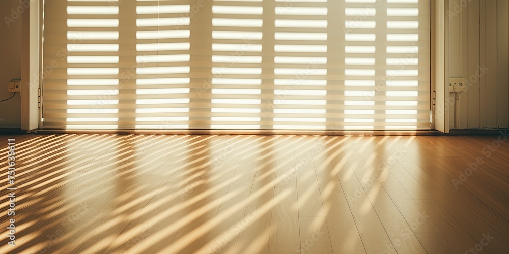 Poster strong sunlight streams through window blinds, casting sharp, parallel shadows on a wooden floor