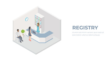 Isometric clinic registry. Medical concept of appointment with a doctor. A patient visits a hospital vector.