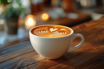 Coffee cup and beans on old kitchen table. Top view with copyspace for your text
