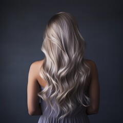 Back view young woman with silver hair on a dark gray background.