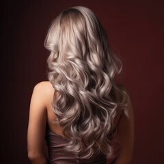 Fototapeta premium Back view young woman with silver hair on a dark red background.