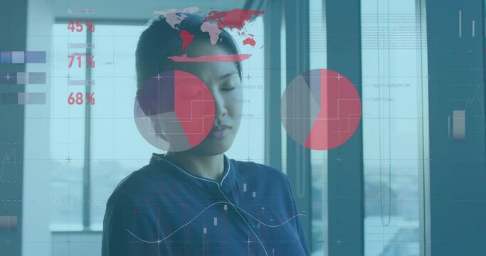 Animation of graphs and charts processing data over asian casual businesswoman thinking at office
