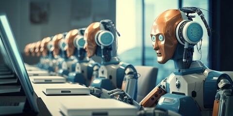 Row of robots in call center working as operators answering customer calls