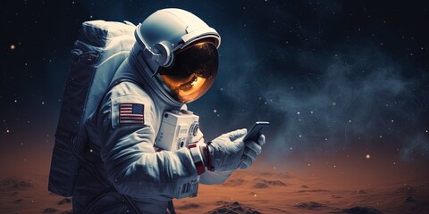 Astronaut in outer space showing information on tablet
