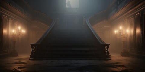 As the fog settles, a symmetrical staircase beckons with its handrail glowing in the light, leading...