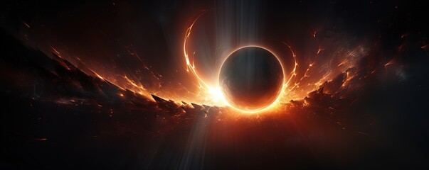 Abstract planet eclipse in space. Alien worlds with glowing lens flares. Sun and moon solar flares