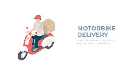 Online express delivery service concept, courier motorcycle or scooter, delivery man with parcel box on the back. Isometric vector.
