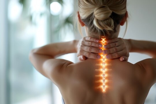 Generative AI, highlighted spine of a woman with neck pain in the office, woman holding neck, copy space