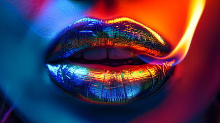 Beautiful close-up of black woman iridescent lips with a flame. Creative cosmetic advertising banner.