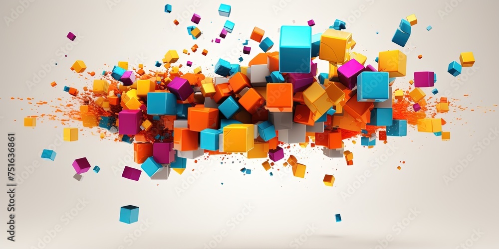 Poster swirling or bursting cubes of colors. rising creativity concept. cluster of multiple colorful cubes 
