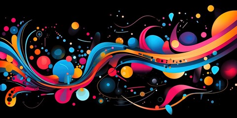Vibrant abstract graffiti art with dynamic shapes and dots on a black background