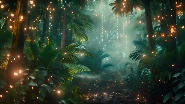 Tropical jungle by night with sparkling fireflies. Flying through foliage in a dark jungle with lots of colorful fireflies. 4k video. Fairy forest beautiful dream landscape nature