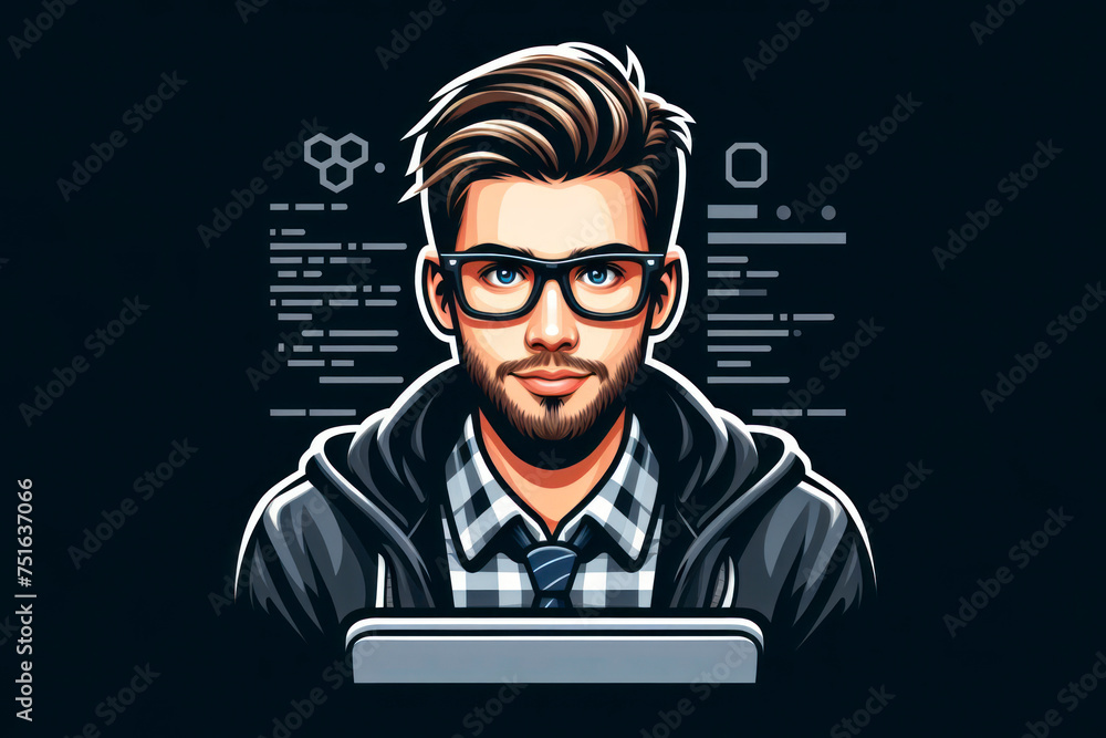 Aufkleber portrait of a young handsome white american nerdy it software developer programmer worker illustrati