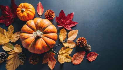 Thanksgiving and Autumn decoration concept made from autumn leaves and pumpkin on dark background. Flat lay, top view with copy space.