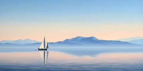 Zelfklevend Fotobehang A lone sailboat gliding peacefully over the calm ocean waters with a backdrop of distant mountains and a clear sky © Павел Озарчук