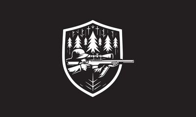 shield with sniper, rifle, gun, forest, trees logo design 