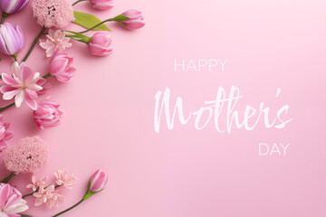 Fototapeta na wymiar Beautiful flowers on pink background. Mother's Day Greeting Card.