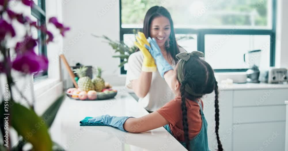 Wall mural Woman, child and gloves to wipe, kitchen and counter for clean, health and safety in family home. Mother, girl and ppe to high five, life skills and disinfect to prevent bacteria as bonding together