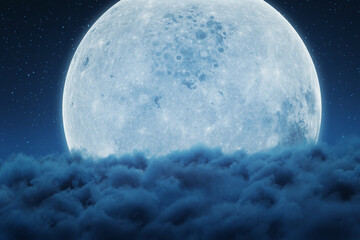 3D rendering of big bright moon over night clouds
