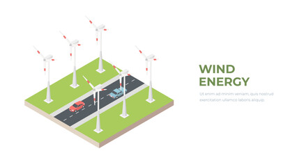 Vector or Illustration of eco concept. Windmill for energy saving isometry. Front ground have asphalt road and car. Island of eco.