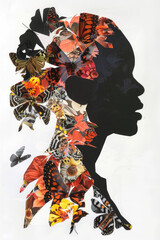Abstract contemporary art collage portrait of young woman with flowers and butterflies on face. Generative AI.