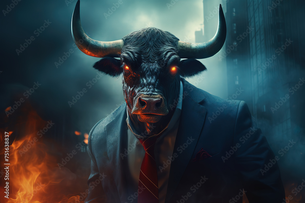 Wall mural an angry bull with red hair dressed in an office suit and tie