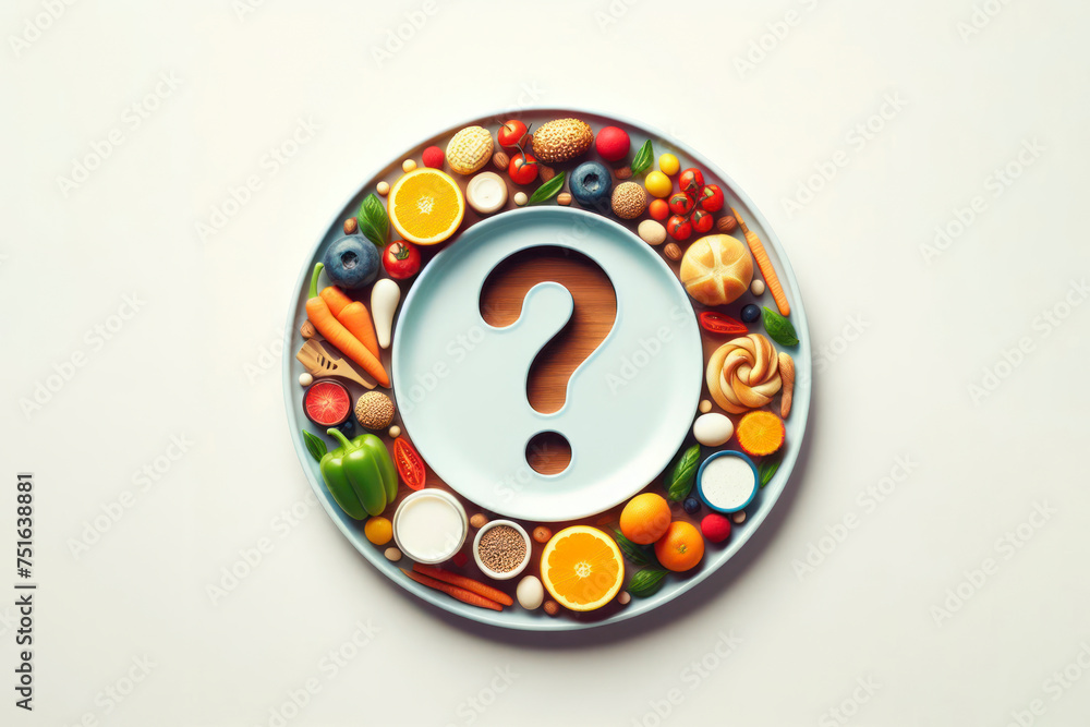 Poster top view plate with question mark isolated on solid white background. ai generative