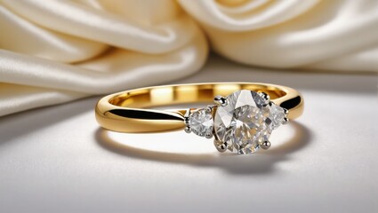 Wedding ring with diamonds on white satin cloth background.