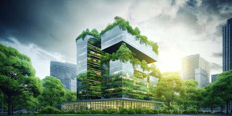Sustainble green building in modern city. Corporate building reduce CO2. Eco-friendly building. Green architecture. Sustainable glass office building with tree for reducing carbon dioxide. - obrazy, fototapety, plakaty