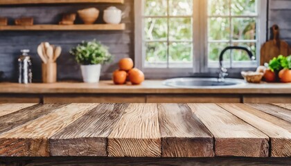 Wood table top on blurred kitchen background. can be used mock up for montage products