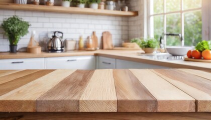 Wood table top on blurred kitchen background. can be used mock up for montage products
