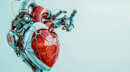 Fototapeta na wymiar Futuristic Robotic Arm and Mechanical Heart on Blue Background