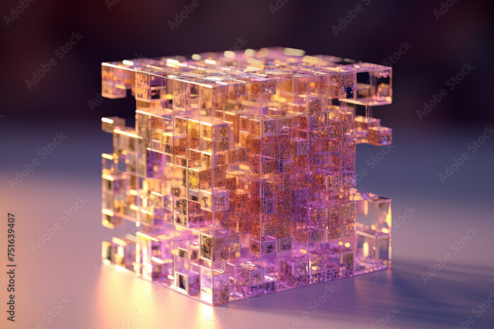 Poster Ethereal geometric sculpture with a cube shape. Shiny crystal cube structure with vibrant colors in vaporwave and y2k style.