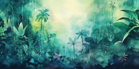 Fototapeta na wymiar Rainforest, ecology, nature, bio-diversity background. Water color drawing of tropical rain forest.