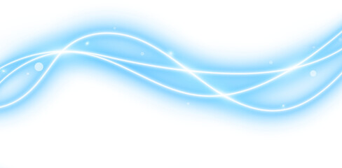 Blue sparkling moving neon light wave on transparent background.
