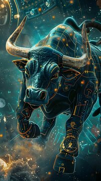The Wall Street Bull in a future where economies are interstellar symbolizes prosperity across galaxies a pilgrimage site for traders of the cosmos
