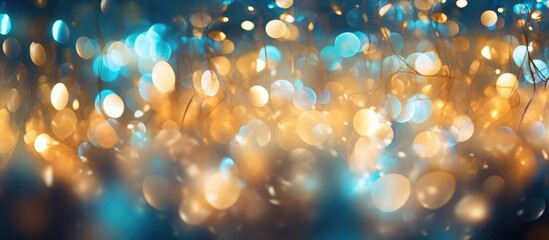 A cluster of blurry lights in shades of gold, blue, turquoise, and silver, creating a mesmerizing and vibrant display of colors.