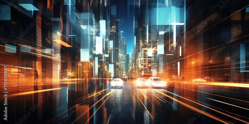 Poster busy urban environment captured in a blur with dynamic geometric light connections creating an abstr