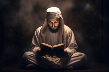 A Muslim guy is seen reading the Quran, Religious Muslim man praying inside the mosque and reading holy book Quran, Ai generated